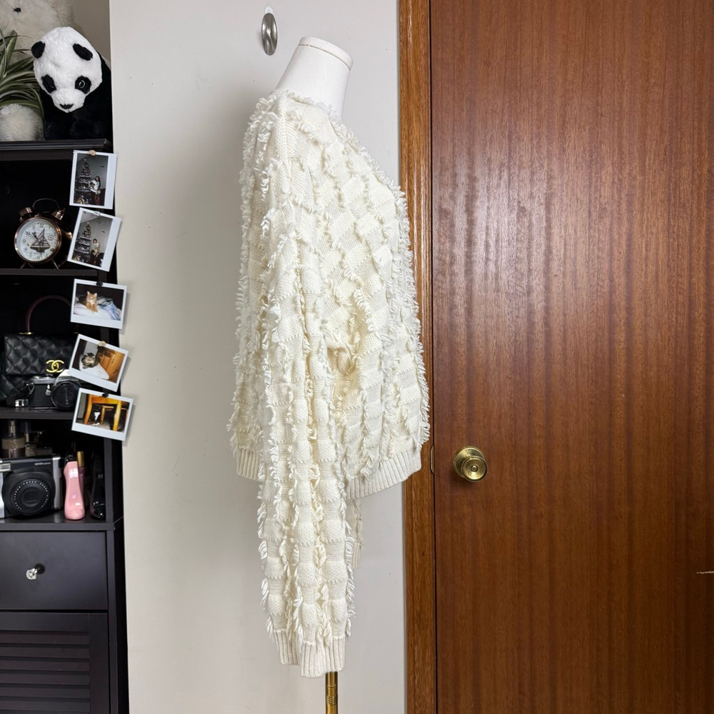 Beige Sweater Women Size Medium Oversized Wool Pullover Longsleeves Fringe Boho - Picture 3 of 16